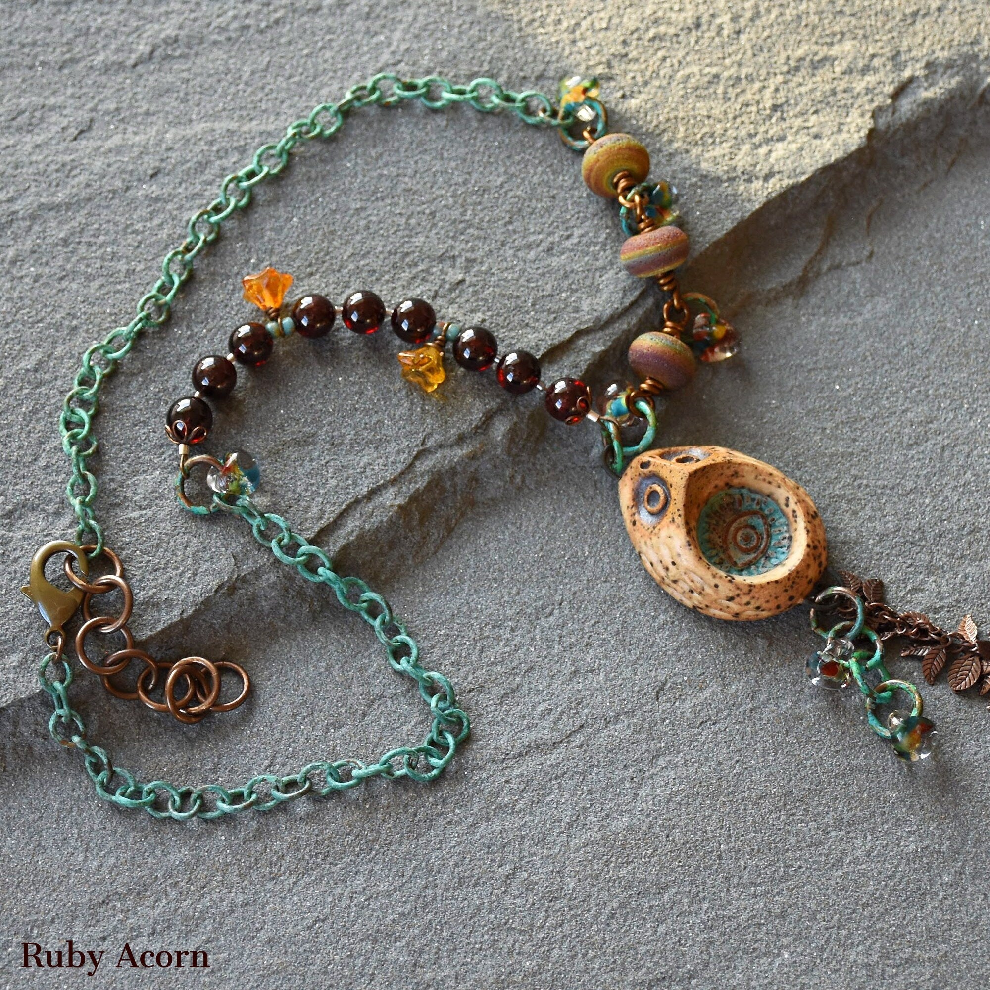 Wise Owl Handmade Beaded Necklace with Artisan Ceramic Owl, Red Garnet, Artisan Lampwork Glass, Turquoise Patina Chain
