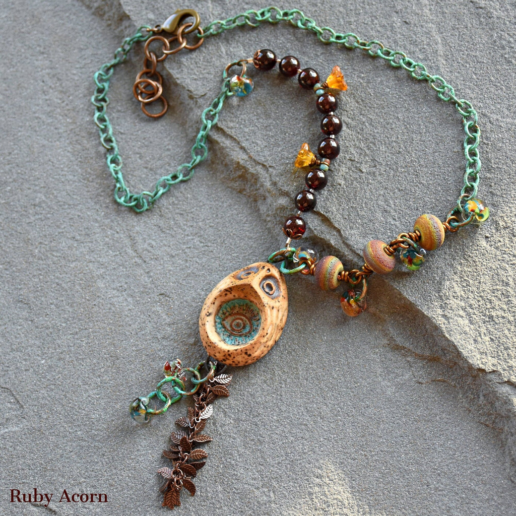Wise Owl Handmade Beaded Necklace with Artisan Ceramic Owl, Red Garnet, Artisan Lampwork Glass, Turquoise Patina Chain