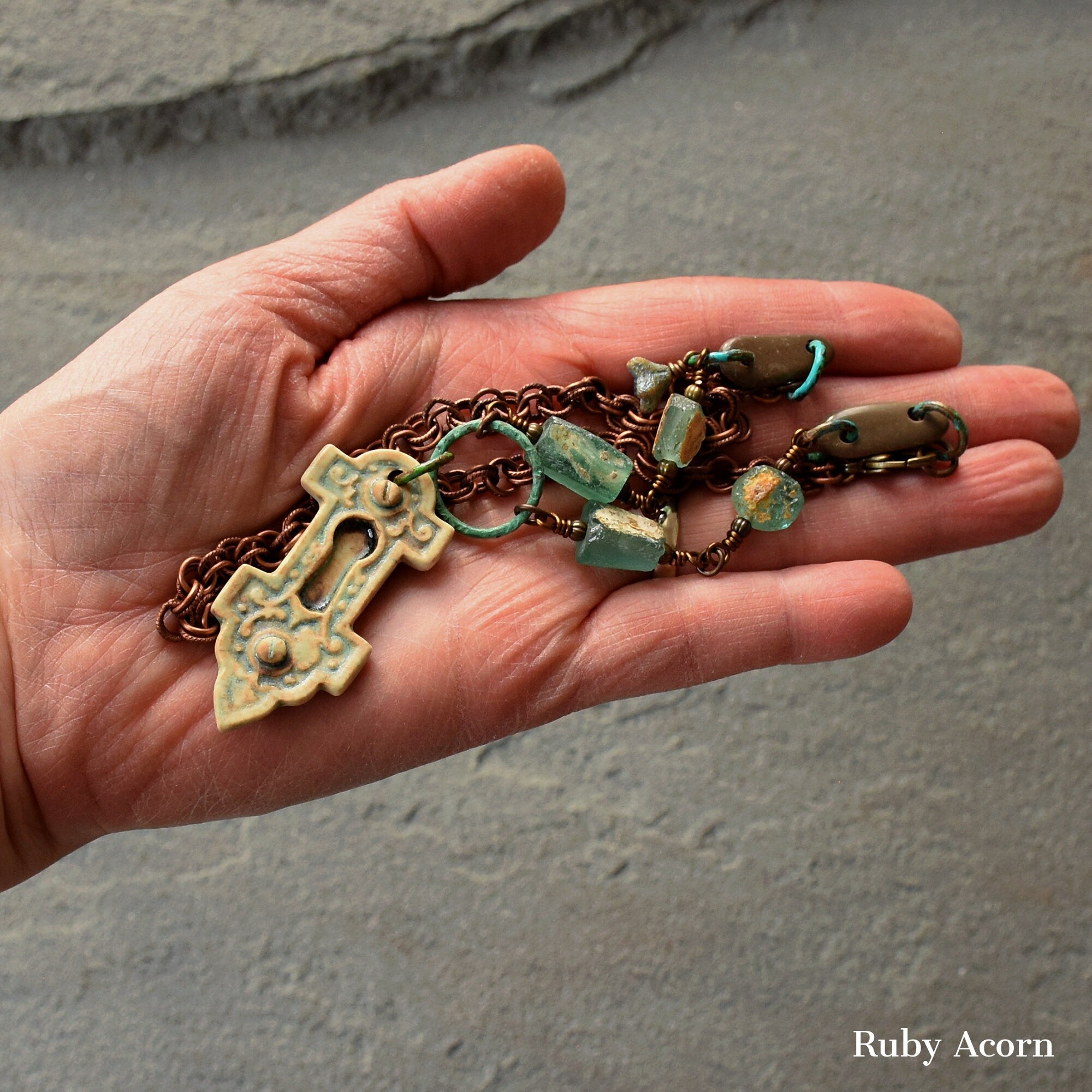Roman Glass Verdigris Handmade Necklace with Artisan Porcelain Focal, Beach Stones, Roman Glass