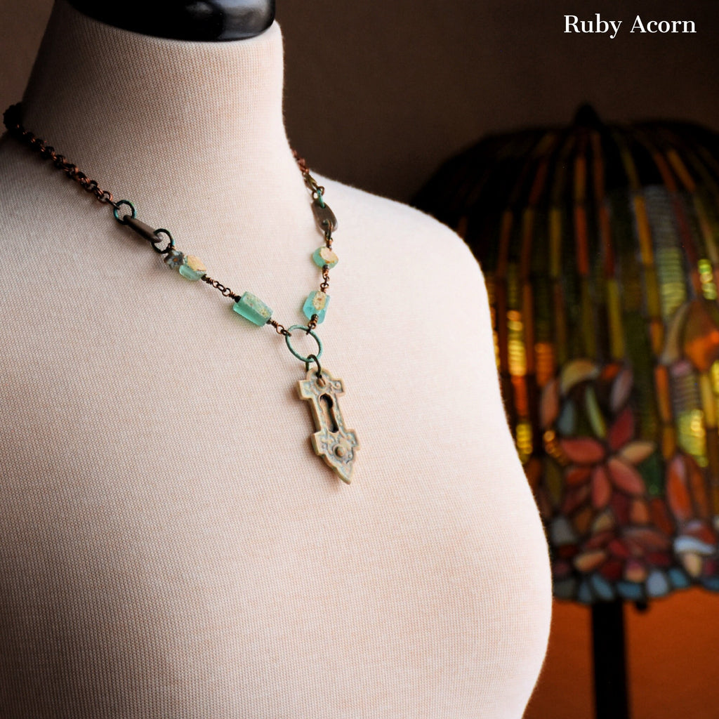 Roman Glass Verdigris Handmade Necklace with Artisan Porcelain Focal, Beach Stones, Roman Glass