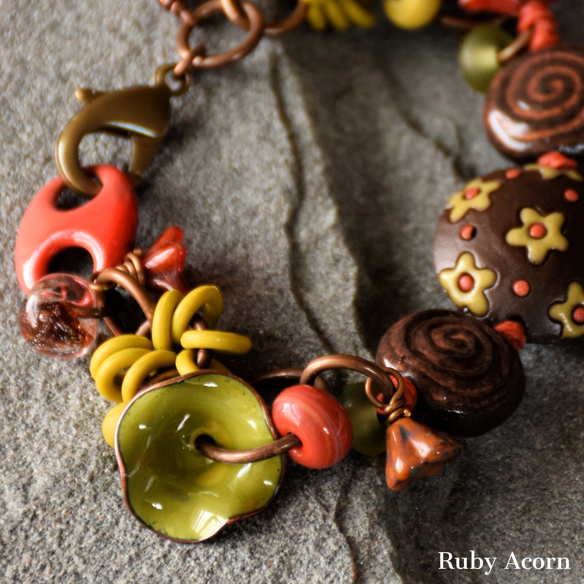 Fiesta Handmade Olive Green and Orange Bracelet with Artisan ceramic, artisan enameled flowers, artisan lampwork glass, Czech glass