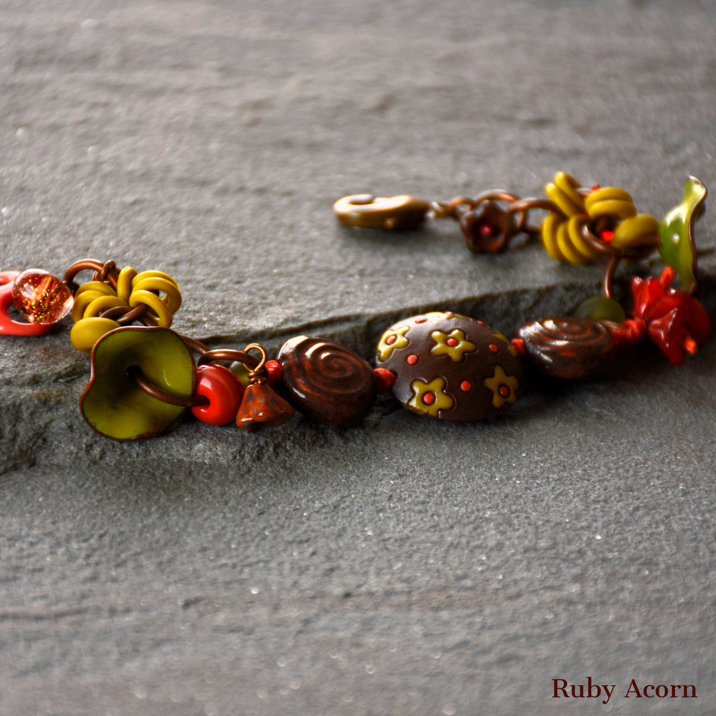 Fiesta Handmade Olive Green and Orange Bracelet with Artisan ceramic, artisan enameled flowers, artisan lampwork glass, Czech glass