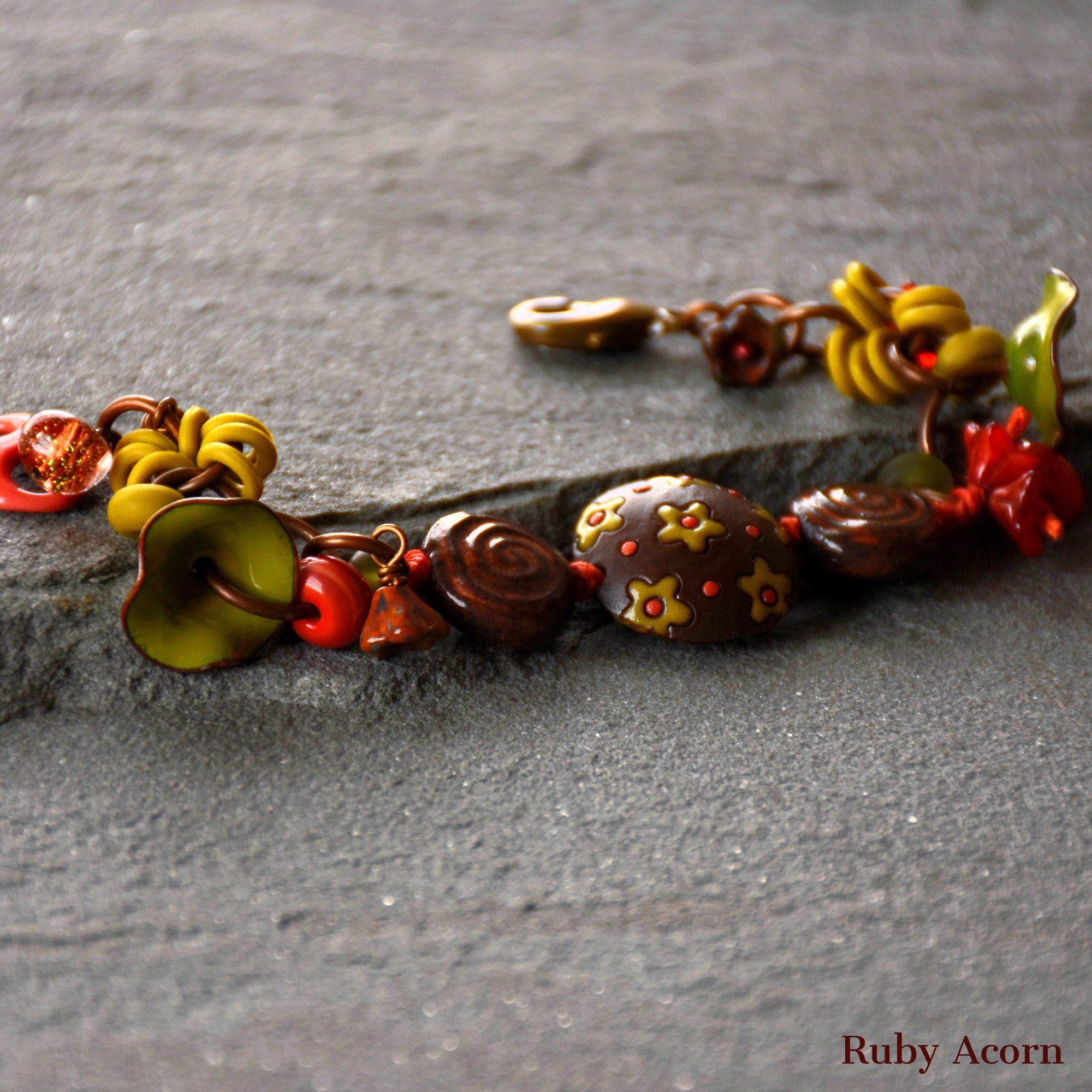 Fiesta Handmade Olive Green and Orange Bracelet with Artisan ceramic, artisan enameled flowers, artisan lampwork glass, Czech glass