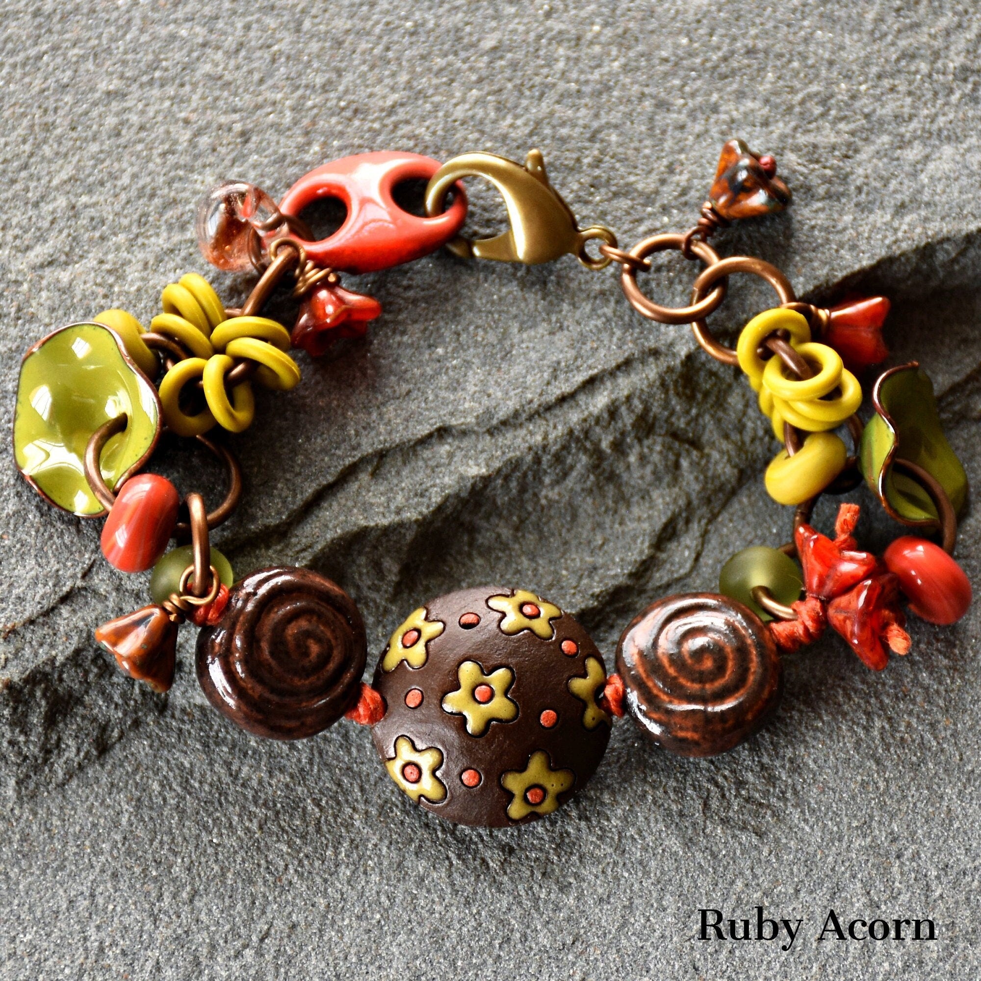 Fiesta Handmade Olive Green and Orange Bracelet with Artisan ceramic, artisan enameled flowers, artisan lampwork glass, Czech glass
