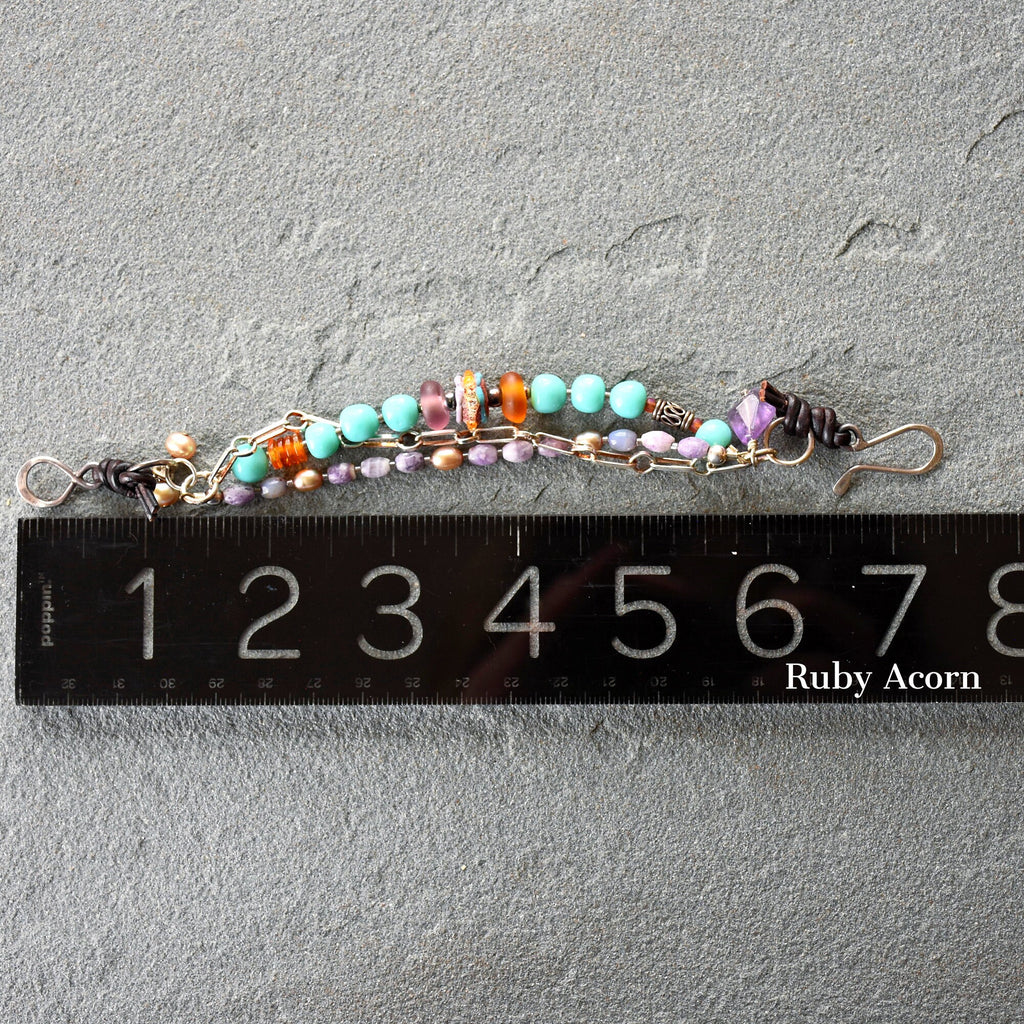Sonora Sunrise Handmade Beaded Triple Strand Bracelet, Artisan lampwork glass, amazonite, lepidolite, pearls, amethyst, sterling silver