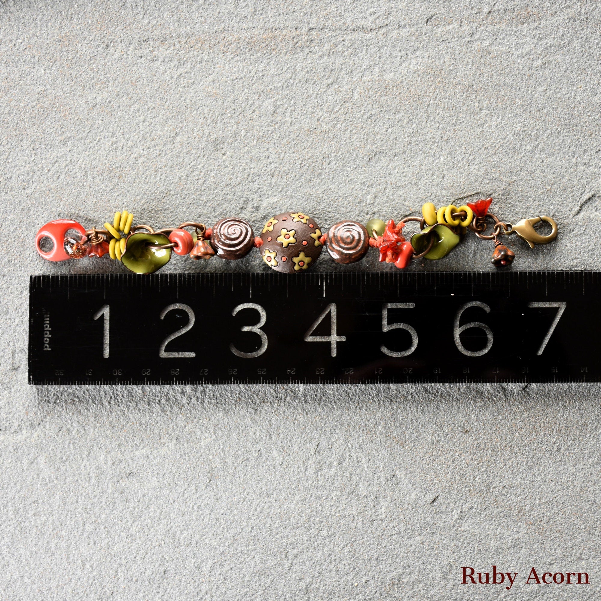 Fiesta Handmade Olive Green and Orange Bracelet with Artisan ceramic, artisan enameled flowers, artisan lampwork glass, Czech glass