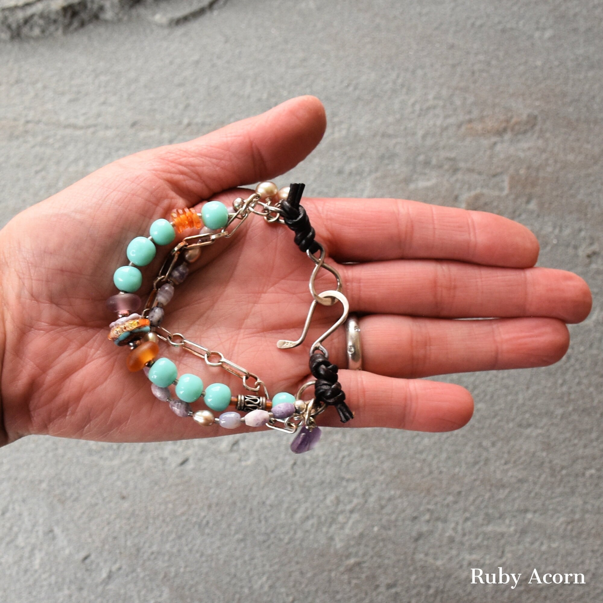 Sonora Sunrise Handmade Beaded Triple Strand Bracelet, Artisan lampwork glass, amazonite, lepidolite, pearls, amethyst, sterling silver