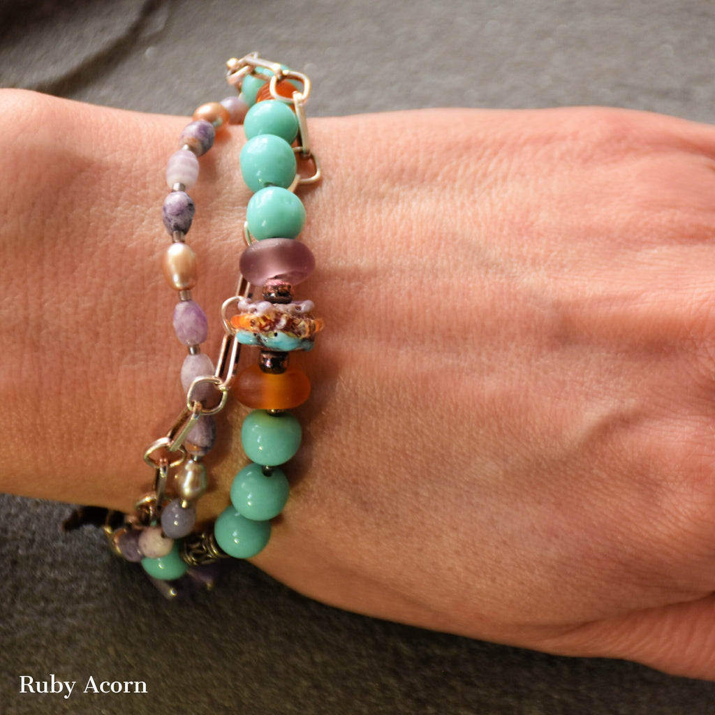 Sonora Sunrise Handmade Beaded Triple Strand Bracelet, Artisan lampwork glass, amazonite, lepidolite, pearls, amethyst, sterling silver